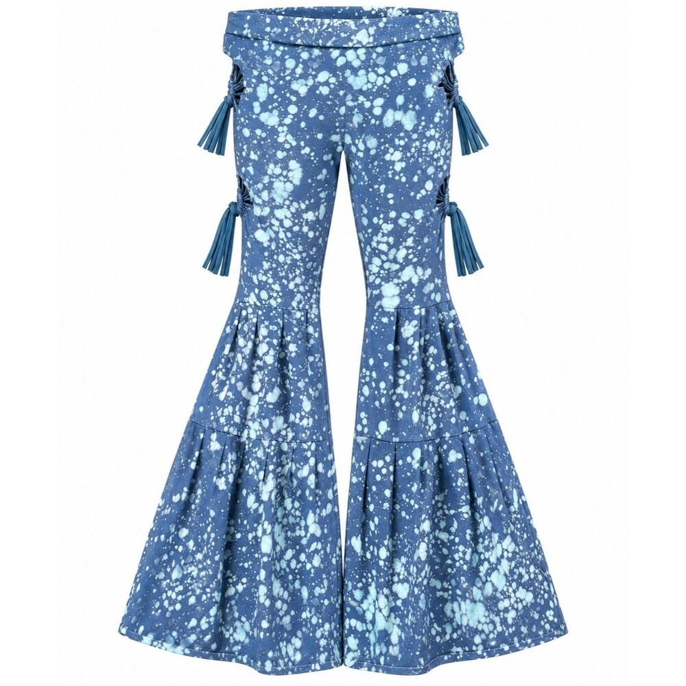 Jaxli Blue Bleach-Dye Tiered Flare Pants Size S Side Cutouts Festival Boho EUC